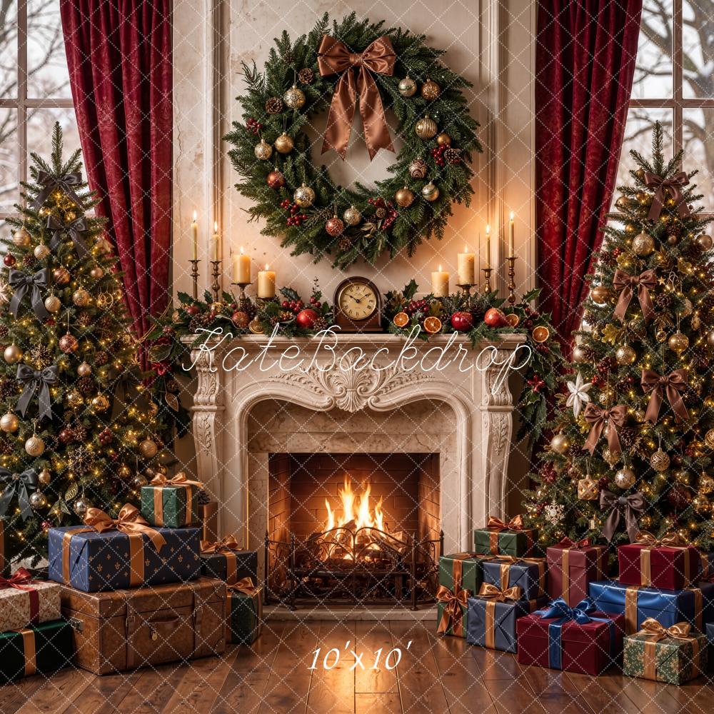 Kate Christmas Trees Fireplace Wreath Gifts Red Curtains Printed Backdrop Designed by Emetselch