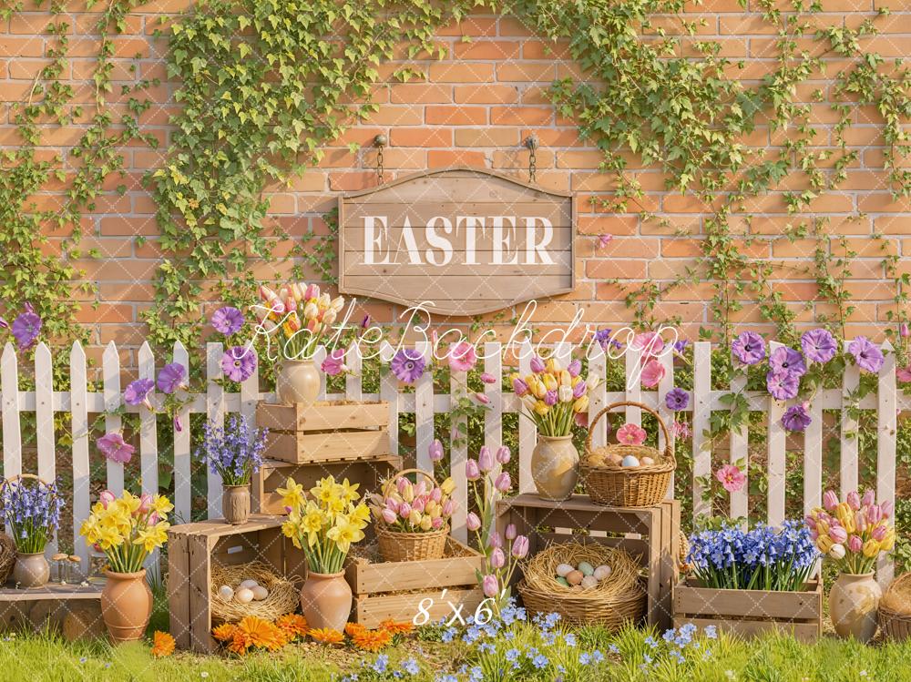 Kate Easter Garden Flowers Eggs White Fence Backdrop Designed by Emetselch
