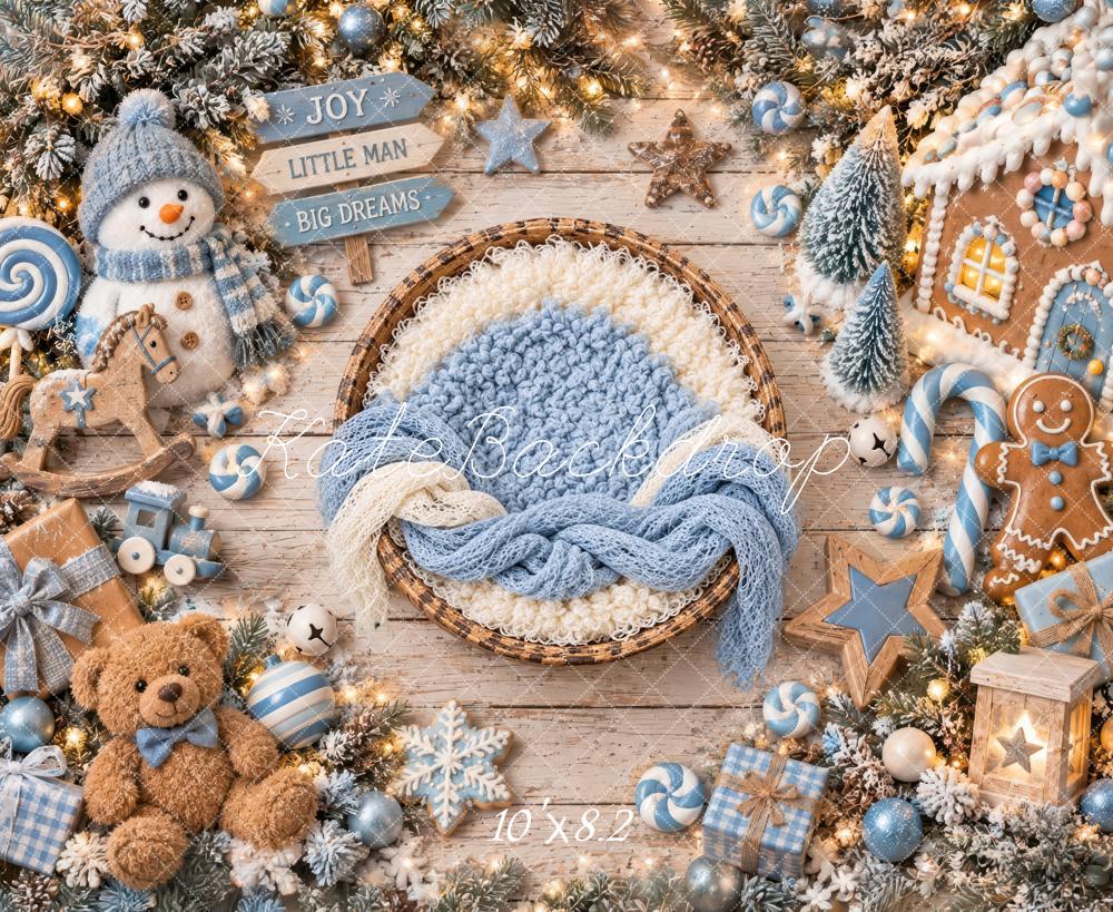Kate Christmas Newborn Pastel Blue Baby Basket Snowman Printed Backdrop Designed by Laura Bybee