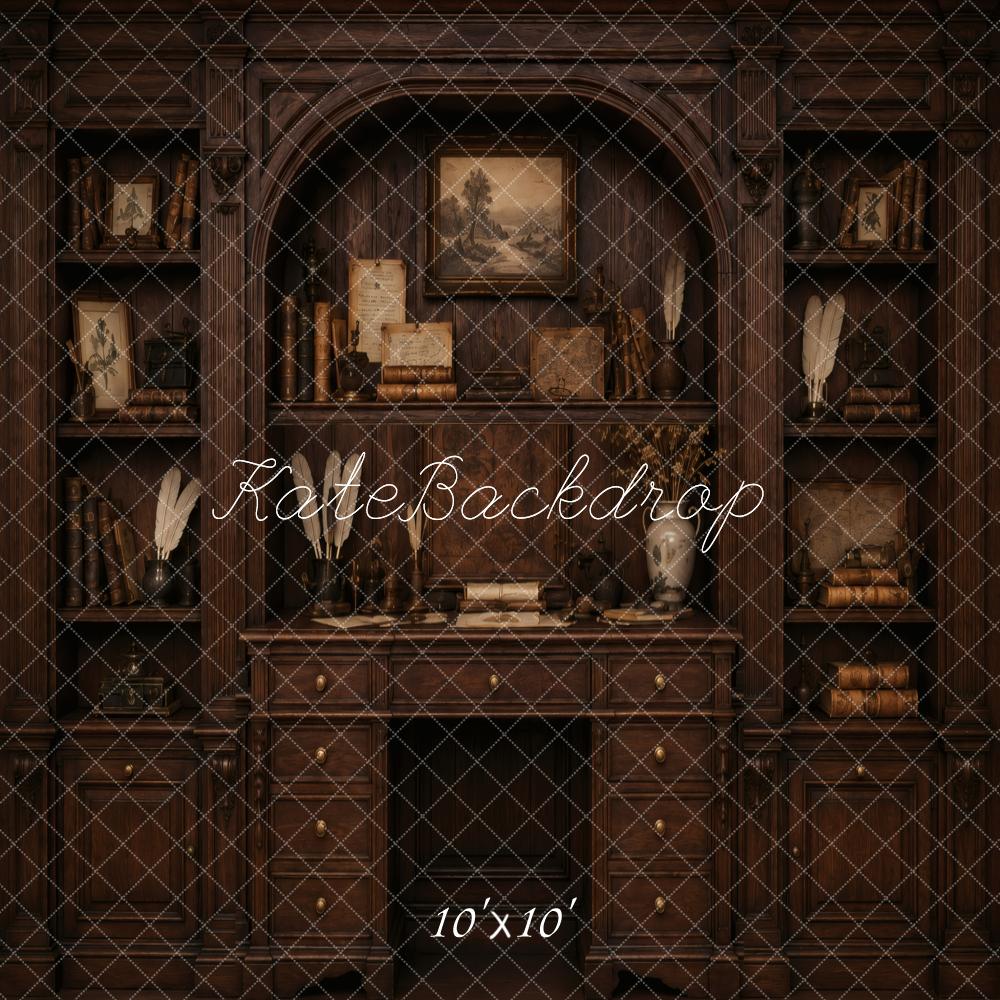 Kate Vintage Dark Wood Bookshelves Desk Cabinet Printed Backdrop Designed by Vertigo Productions