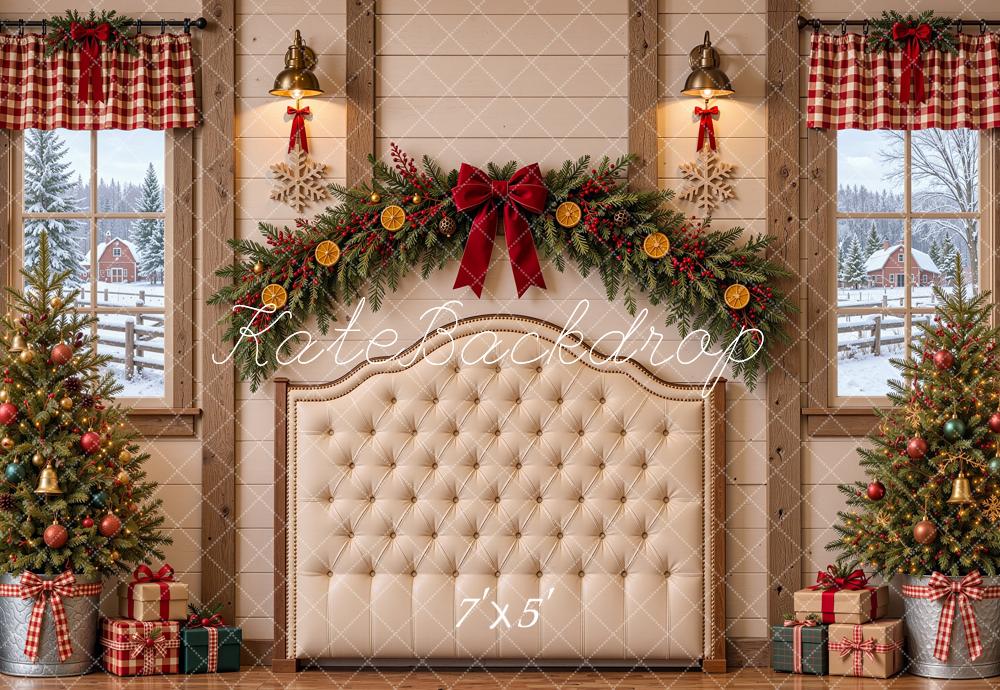 Kate Christmas Headboard Rustic Cabin Garland Trees Printed Backdrop Designed by Shutter Swan Studios