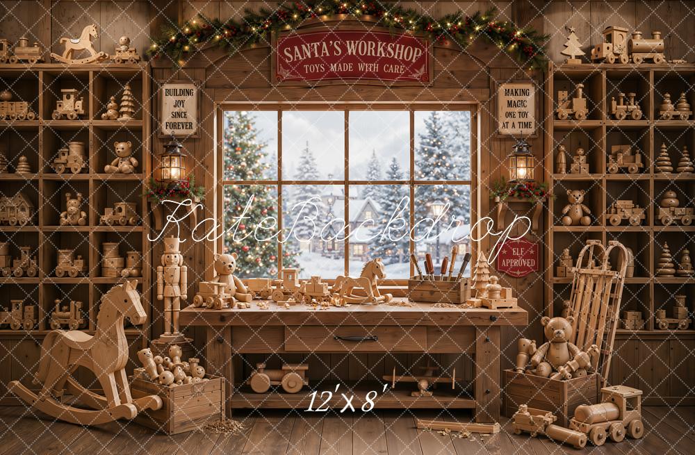 Kate Christmas Santa Workshop Wooden Toys Window Printed Backdrop Designed by Emetselch