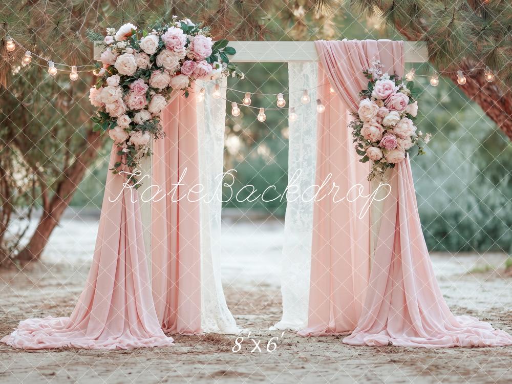 Kate Spring Wedding Flower Arch Pink Drapes String Lights Printed Backdrop Designed by Angela Miller