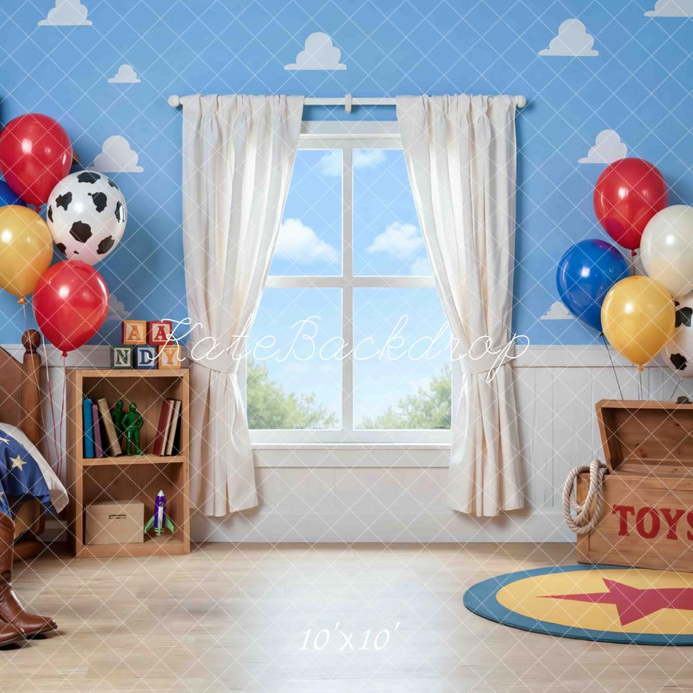 TEST Kate Cowboy Toy Bedroom Blue Cloud Wall Printed Backdrop Designed by Mini MakeBelieve