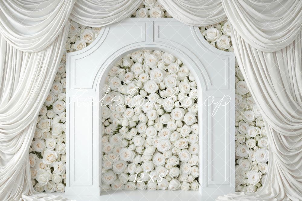 Kate White Flower Arch Draped Curtains Printed Backdrop Designed by Mini MakeBelieve