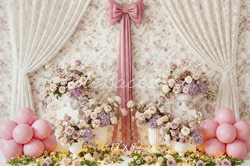 Kate Spring Mother's Day Floral Curtain Pink Bow Balloons Backdrop Designed by Patty Roberts