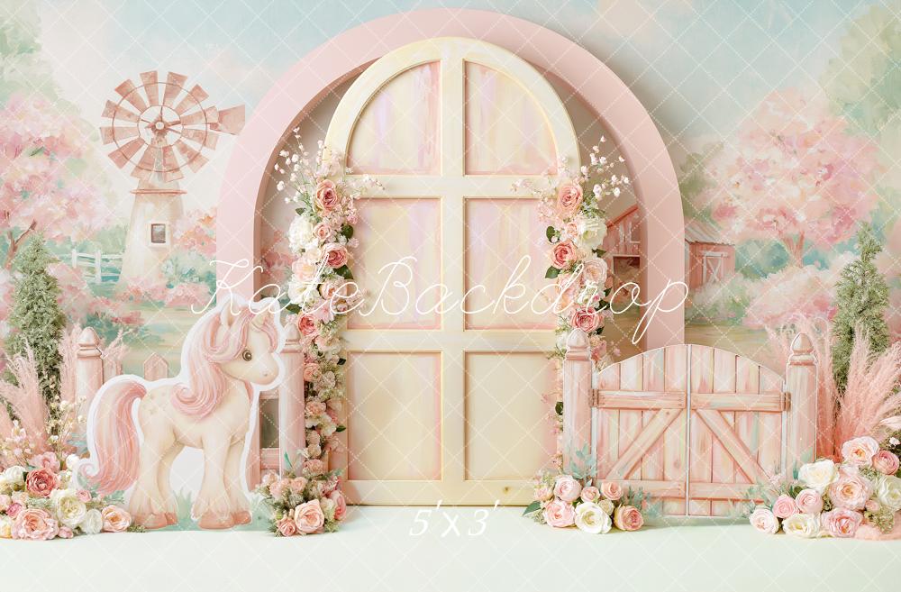 TEST Kate Cake Smash Pastel Pony Flower Arch Windmill Farm Printed Backdrop Designed by Angela Miller
