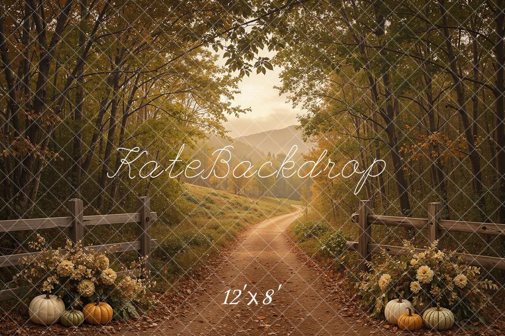 Kate Fall Forest Path Pumpkins Mountains Printed Backdrop Designed by Shutter Swan Studios