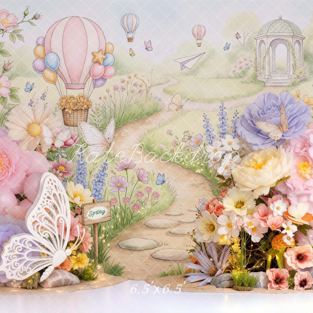 Kate Spring Butterfly Hot Air Balloon Floral Pathway Printed Backdrop Designed by Emetselch
