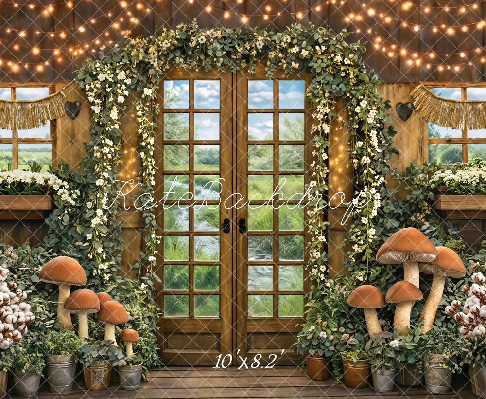 Kate Spring Mushroom Garland Fairy Lights Rustic Cottage Printed Backdrop Designed by Mini MakeBelieve