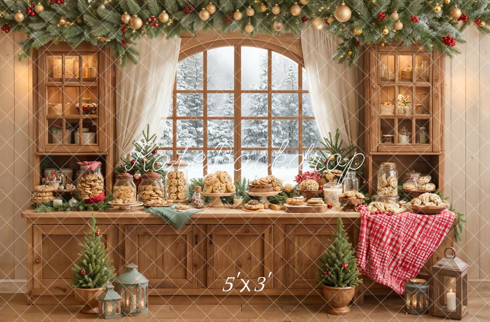 Kate Christmas Kitchen Cookie Wooden Cabinet Pine Garland Window Backdrop Designed by Emetselch
