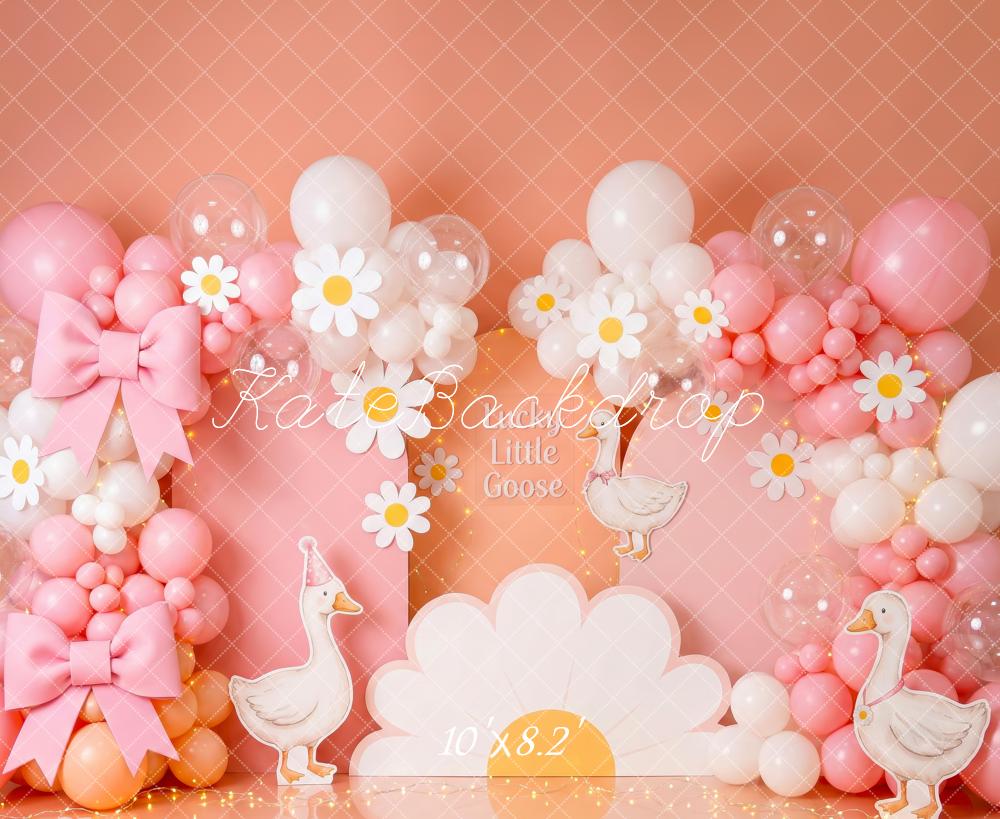 Kate Cake Smash Pink Daisy Balloons Silly Goose Bows Printed Backdrop Designed by Patty Roberts
