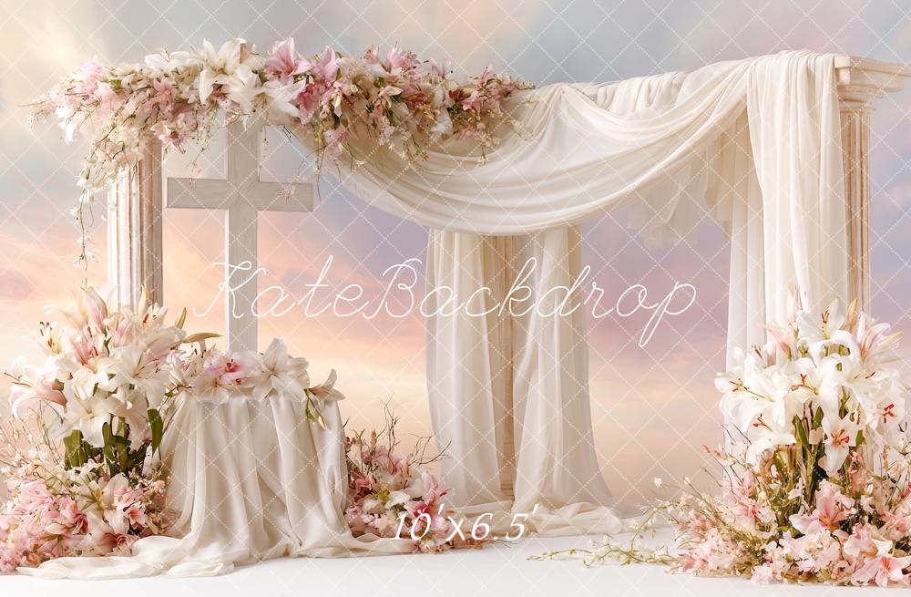 Kate Church Stage Cross Lillies Wedding Flower Arch Draped Columns Printed Backdrop Designed by Angela Miller