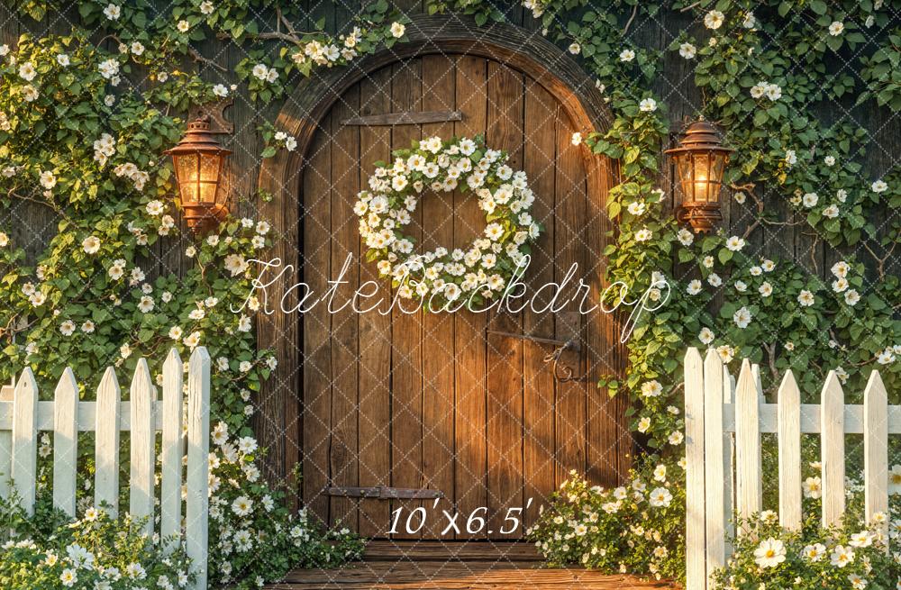Kate Spring Wooden Door White Floral Wreath Garden Fence Backdrop Designed by Emetselch