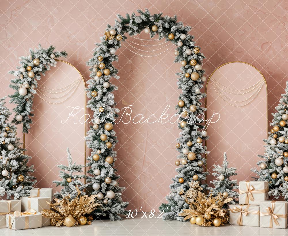Kate Christmas Gold Arch Snowy Trees Backdrop Designed by Patty Roberts