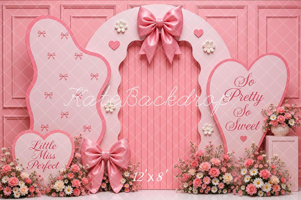 Kate Birthday Girls Pink Princess Bow Floral Arch Heart Printed Backdrop Designed by Shutter Swan Studios