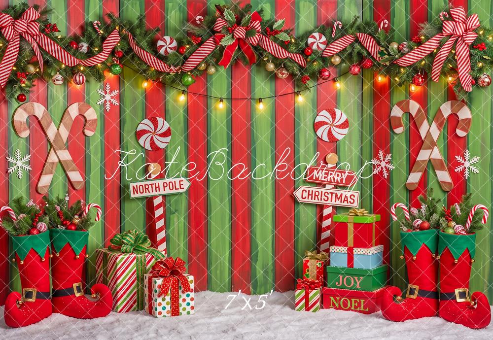 Kate Christmas Candy Cane Garland Elf Boots Striped Printed Backdrop Designed by Angela Miller
