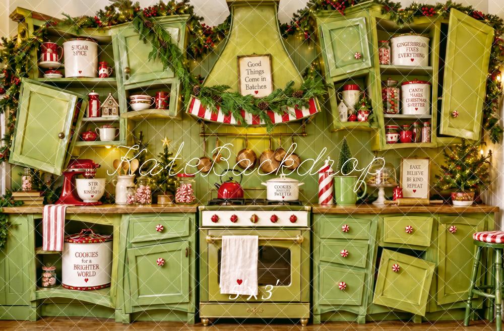 Kate Christmas Whimstical Green Kitchen Cabinet Printed Backdrop Designed by Patty Roberts