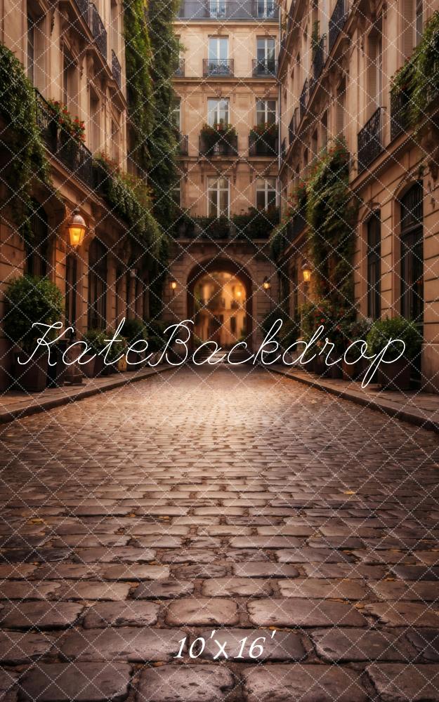Kate Sweep Cobblestone Street Ivy Building Archway Printed Backdrop Designed by Vertigo Productions