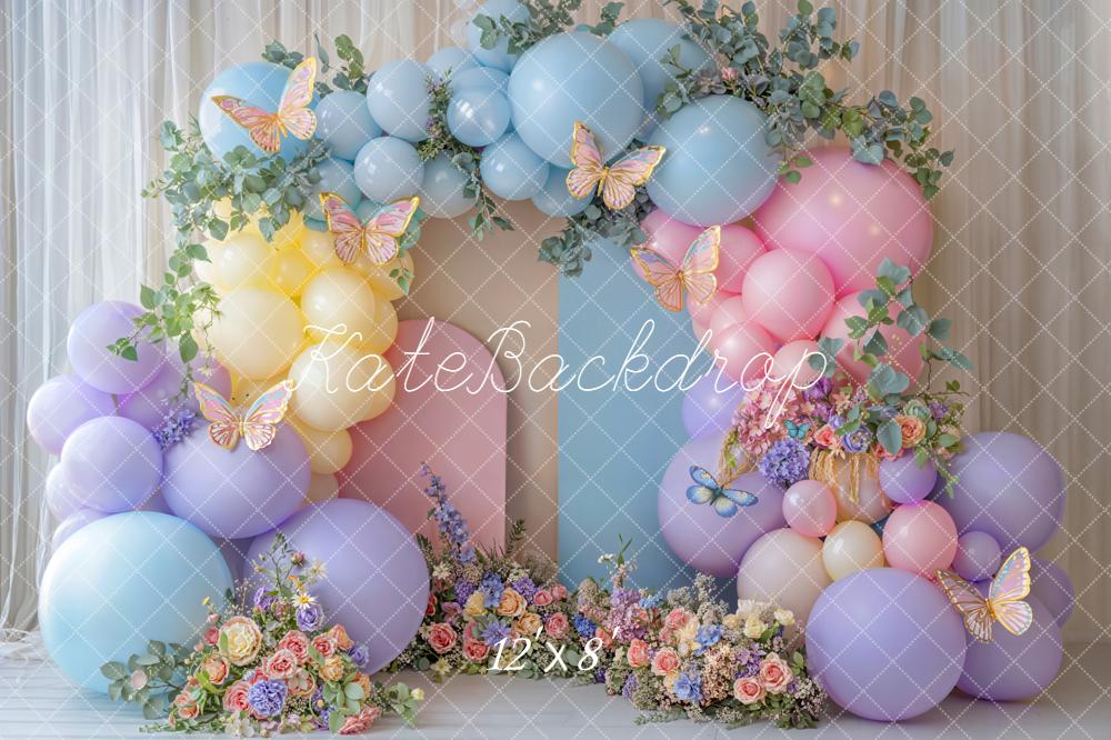 Kate Cake Smash Balloon Arch Pastel Butterfly Flowers Backdrop Designed by Emetselch