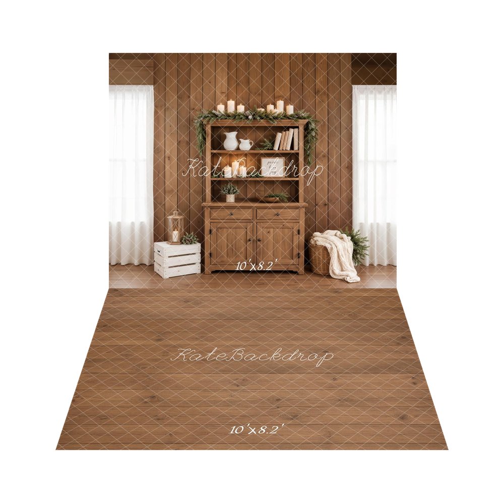 Kate Christmas Wooden Cabinet Candles Garland Lantern Crate Basket Printed Backdrop+Brown Wood Plank Floor Printed Backdrop