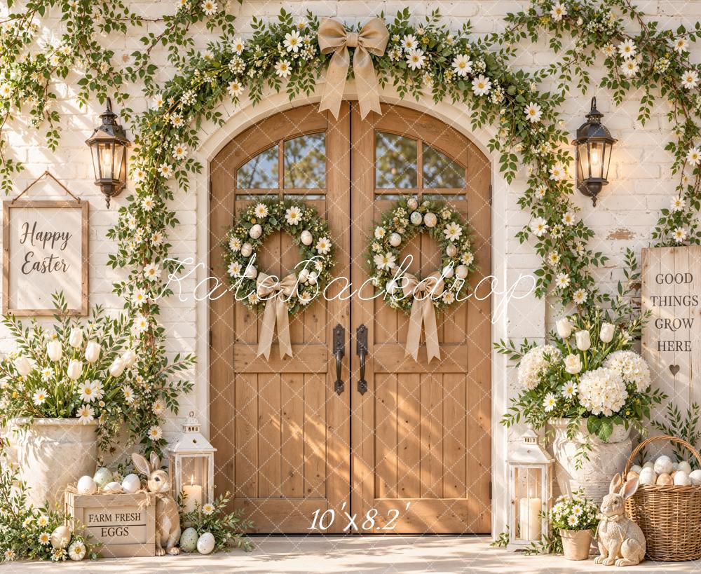 Kate Easter Wood Door Flower Arch Farmhouse Bunny Printed Backdrop Designed by Emetselch