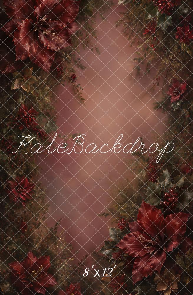 Kate Christmas Fine Art Burgundy Poinsettia Floral Printed Backdrop Designed by GQ