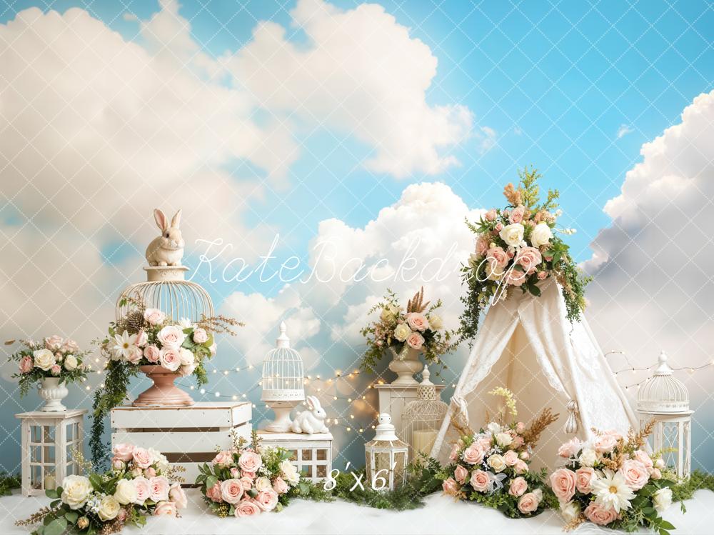 Kate Spring Bunny Birdcage Floral Tent Blue Sky Backdrop Designed by Emetselch