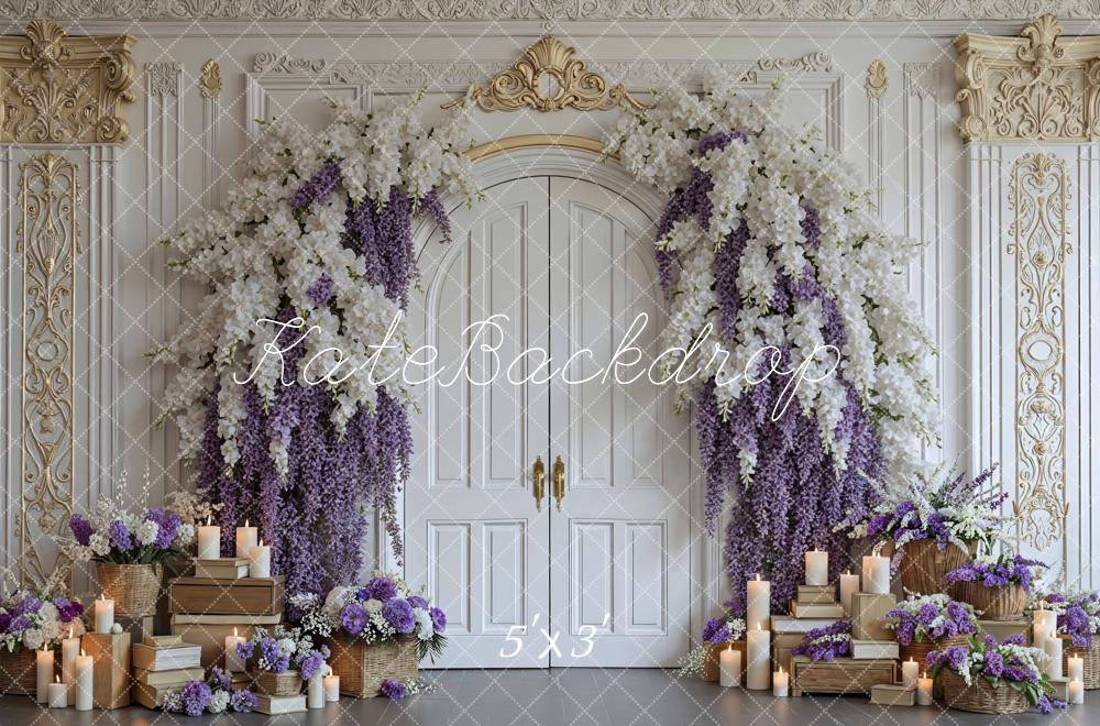Kate Flower Arch Ornate White Door Purple Wisteria Backdrop Designed by Mini MakeBelieve