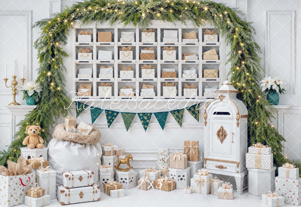 Kate Christmas White Interior Mailbox Evergreen Garland Gift Printed Backdrop Designed by Mini MakeBelieve