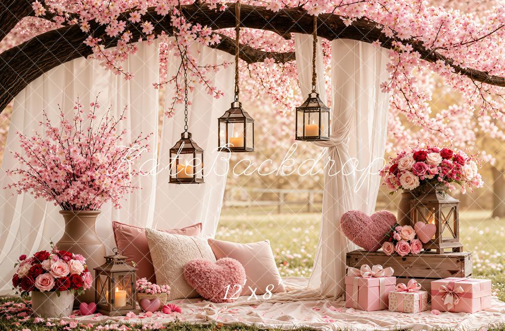 Kate Valentine's Day Cherry Blossom Branch Arch Drapes Hearts Pillow Printed Backdrop Designed by Emetselch
