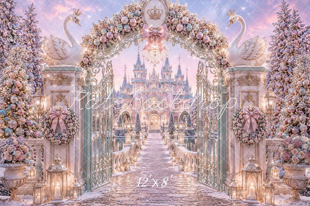 Kate Christmas Swan Princess Castle Gate Flower Arch Path Printed Backdrop Designed by Ashley Paul