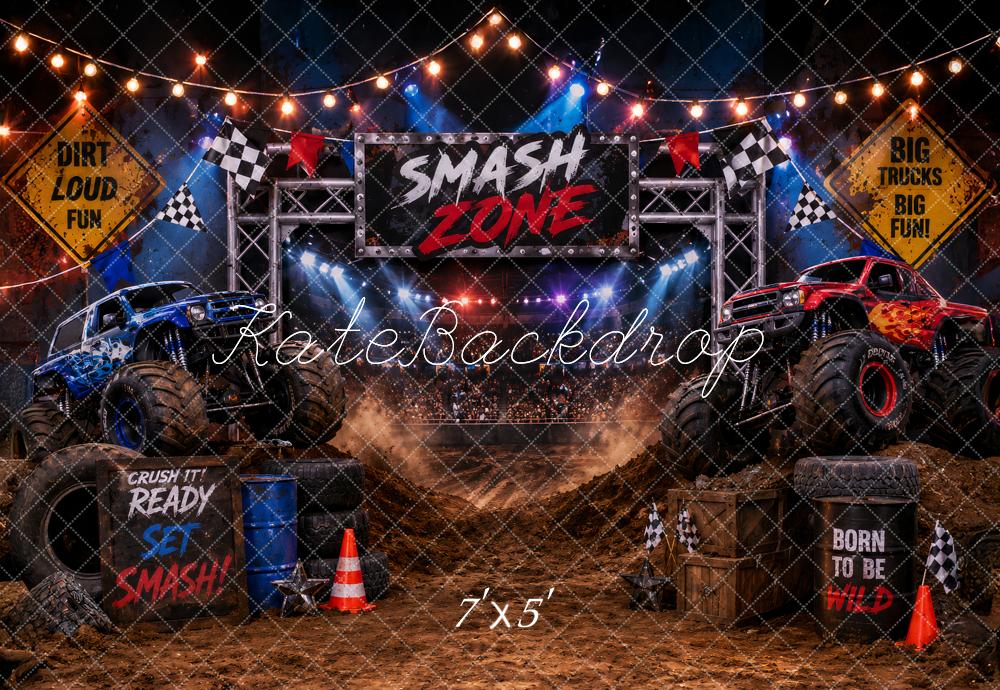 Kate Cake Smash Monster Truck Zone Dirt Arena Checkered Flags Printed Backdrop Designed by Ashley Paul