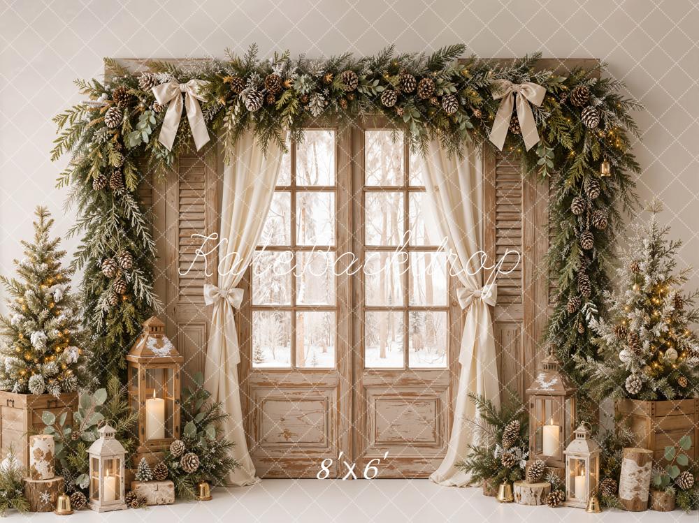 Kate Christmas Rustic Window Door Pine Garland Lantern Trees Printed Backdrop Designed by Emetselch