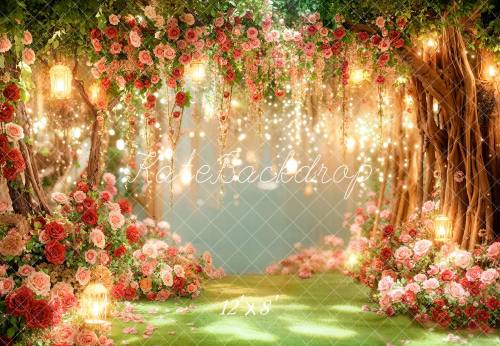 Kate Valentines Romantic Flower Arch Trees Fairy Lights Printed Backdrop Designed by Emetselch