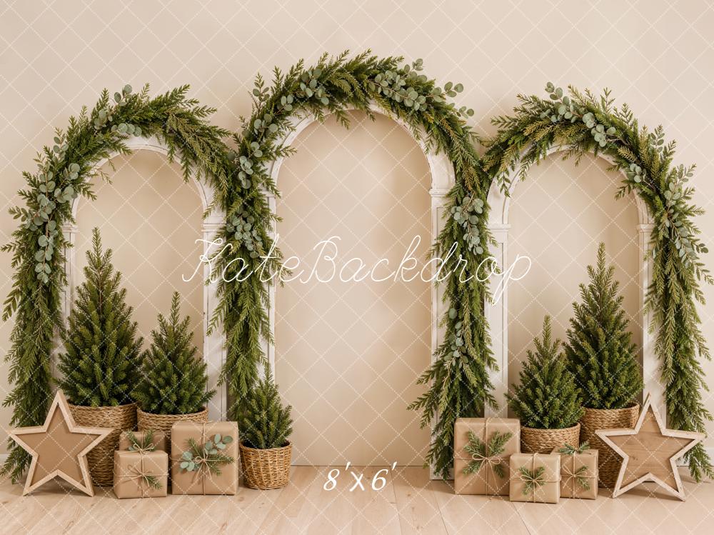 Kate Christmas Greenery Arches Gift Boxes Beige Printed Backdrop Designed by Emetselch