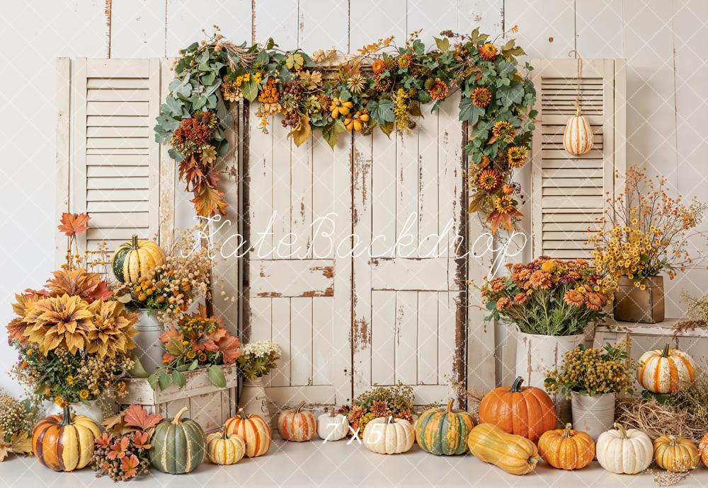 Kate Fall Pumpkins Floral White Door Leaves Backdrop Designed by Emetselch
