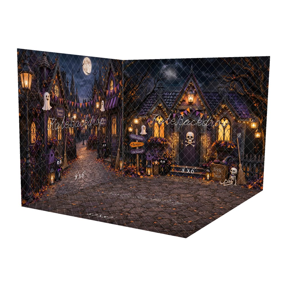 Kate Halloween Gothic Haunted Village Skull Ghosts Moon Purple Printed Backdrop Room Set