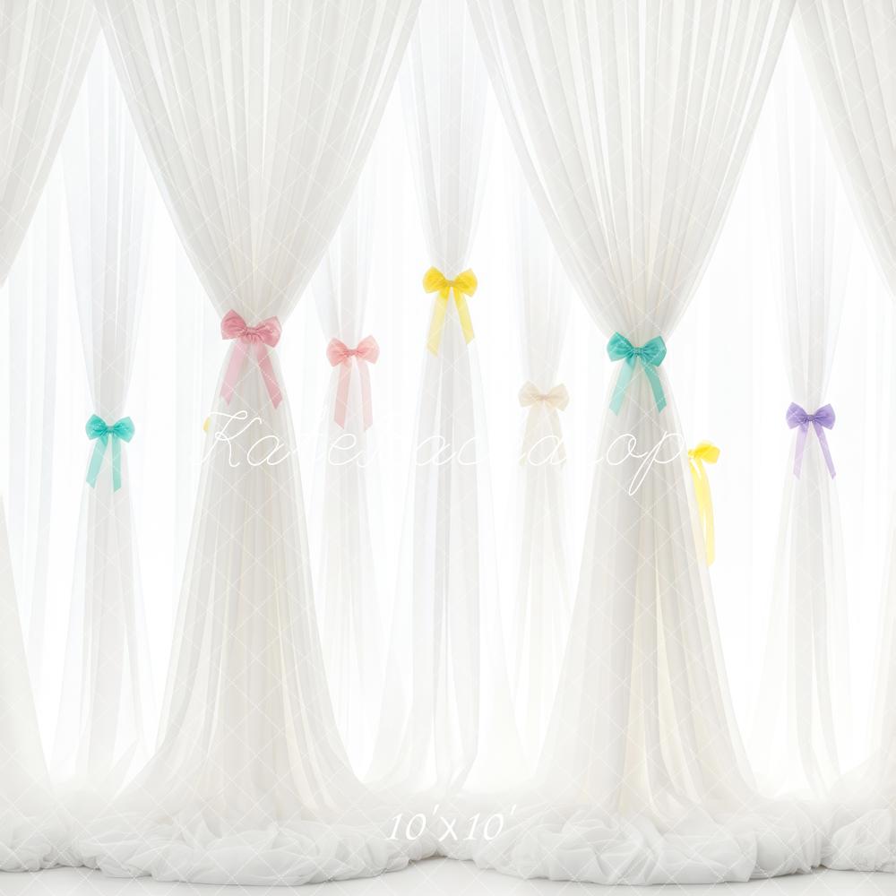 Kate White Sheer Curtains Pastel Bows Backdrop Designed by Patty Roberts