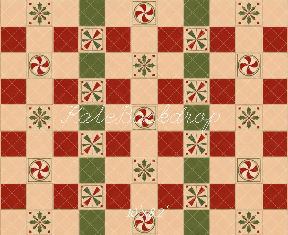 Kate Christmas Patchwork Peppermint Holly Checkerboard Floor Printed Backdrop Designed by Vertigo Productions
