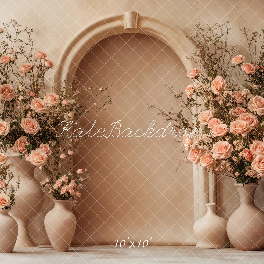 Kate Mother's Day Floral Arch Peach Roses Beige Backdrop Designed by Emetselch