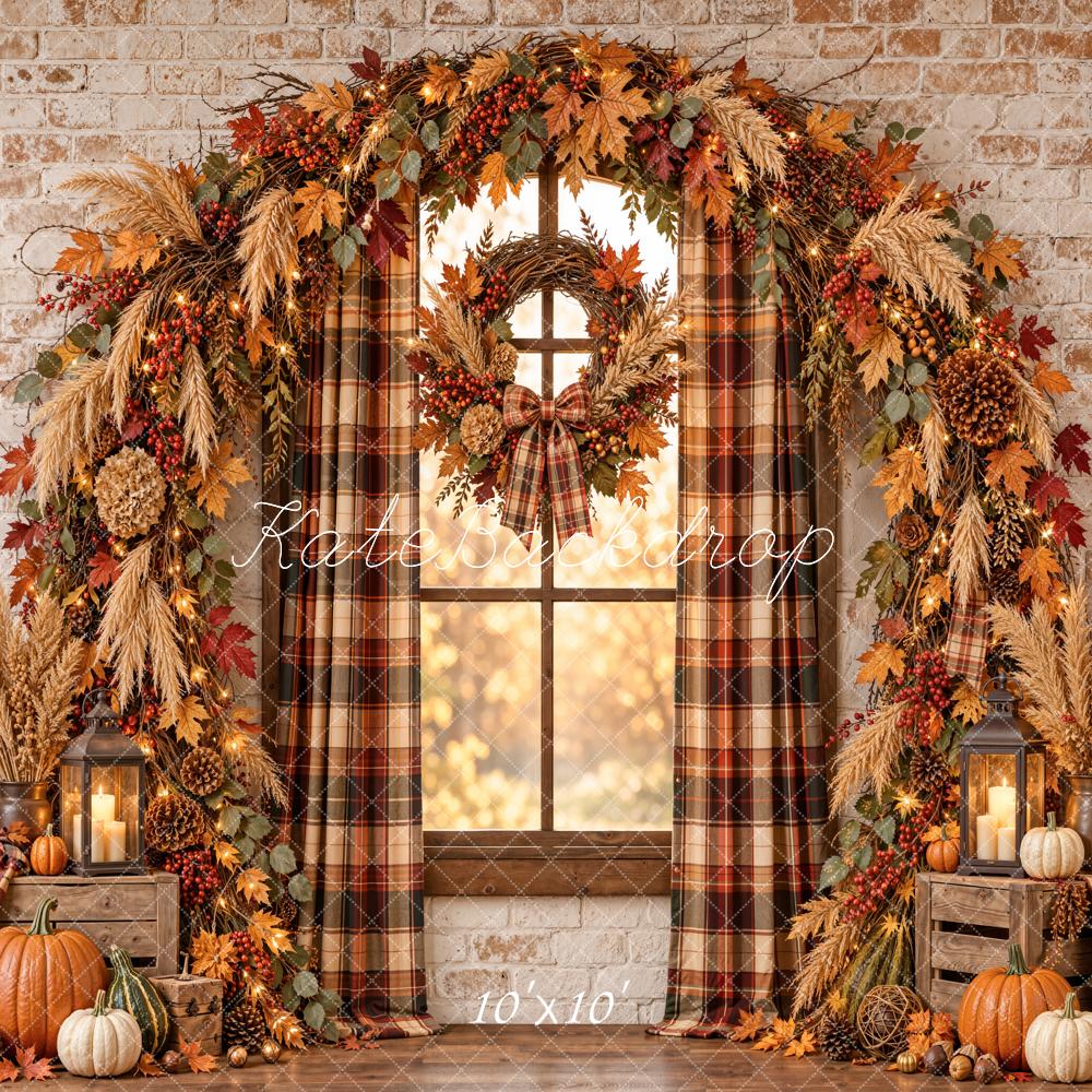 Kate Fall Pumpkin Garland Plaid Window Arch Printed Backdrop Designed by Emetselch