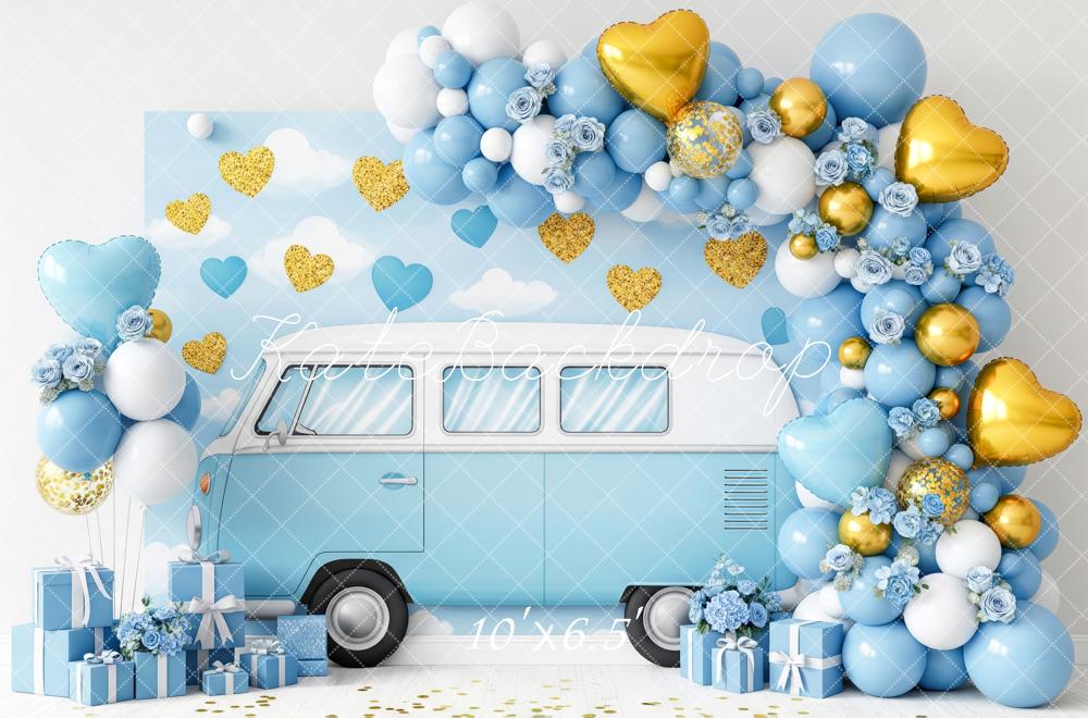 Kate Cake Smash Retro Van Balloons Hearts and Gifts Backdrop Designed by Patty Roberts