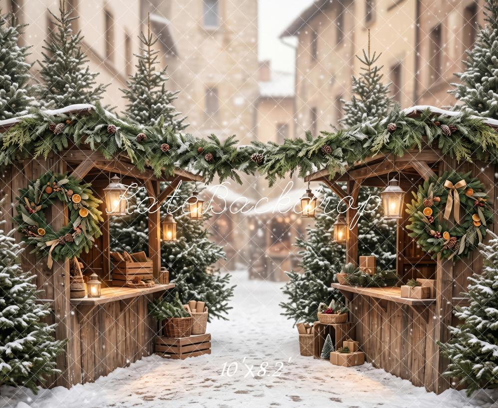 Kate Christmas Snowy Evergreen Market Street Snow Printed Backdrop Designed by Patty Roberts
