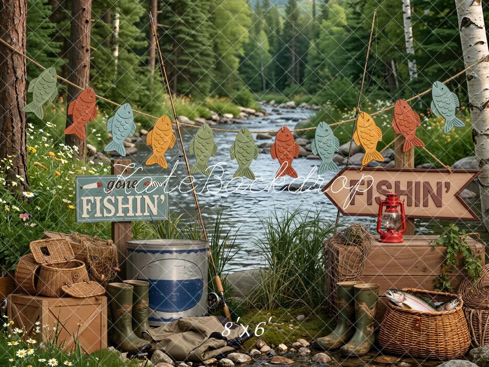 Kate Fishing Camp River Garland and Baskets Printed Backdrop Designed by Emetselch