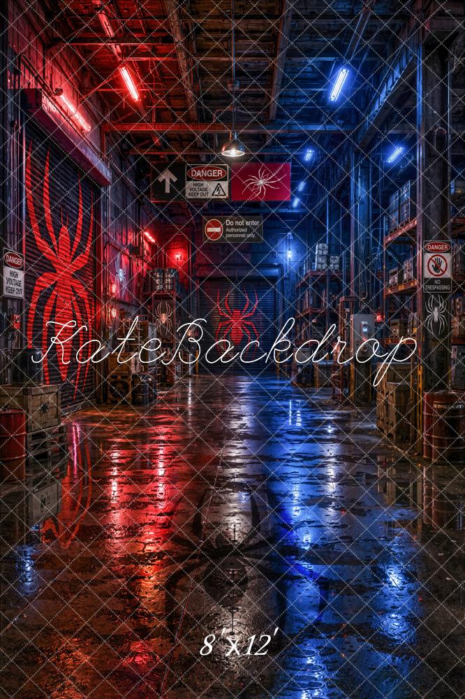 Kate Urban Red Blue Industrial Spider Warehouse Printed Backdrop Designed by Emetselch