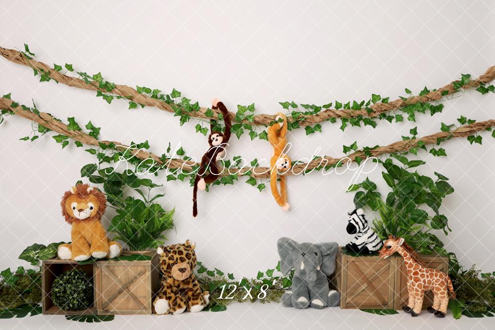 Kate Jungle Stuffed Animals Green Leaves Wooden Crates Backdrop Designed by Melissa King