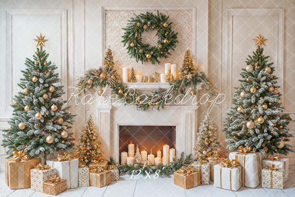 Kate Christmas Fireplace Trees Wreath Gold Ornaments Gifts Backdrop Designed by Emetselch