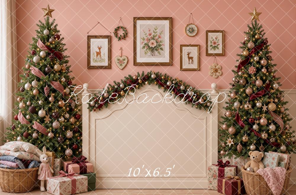 Kate Christmas Headboard Pink Trees Garland Printed Backdrop Designed by Shutter Swan Studios