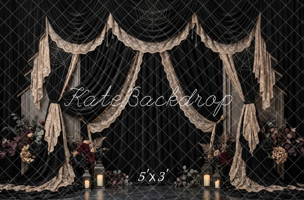 Kate Halloween Gothic Black Lace Victorian Mourning Drapery Printed Backdrop Designed by Patty Roberts
